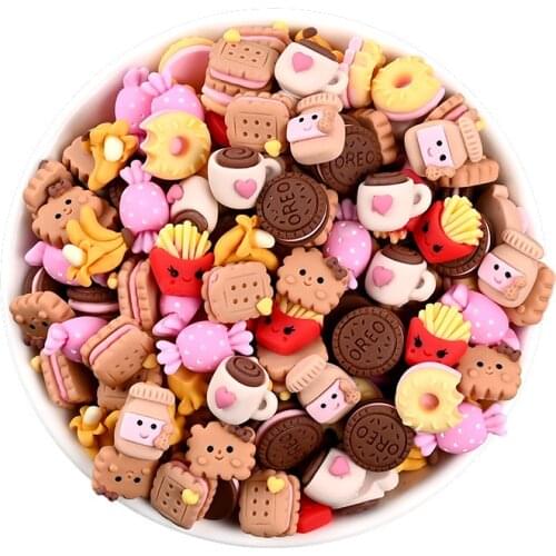 Jewelry Accessories Material 20pcs Kawaii Food Biscuit Candy Coffee Cup Fruit Banana Donut French Fries Cameo Beads DIY 13mm