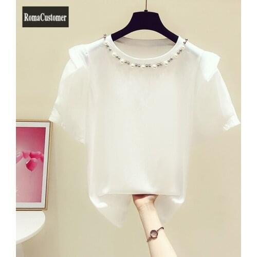 New 2021 Summer Female Korean Elegant Mesh Puff Sleeve Beading O-Neck Short Sleeve Straight Loose T-Shirts Womens Casual Blouse