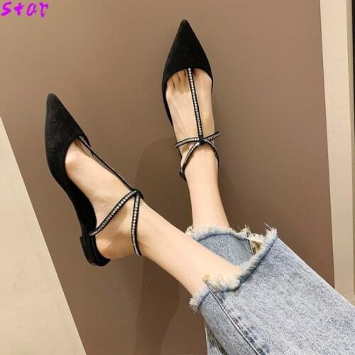 2021 Summer Sexy Ladies Sandals One Word Buckle Rhinestone Light Womens Shoes Pointed Toe Flat Casual All-match Womens Sandals