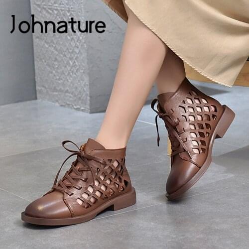 Johnature Women Sandals Genuine Leather Lace-Up Shoes 2021 New Summer Retro Handmade Flat With Sewing Leisure Ladies Sandals