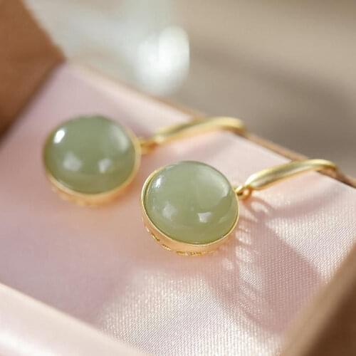 S925 Sterling Silver Earrings Womens Korean-Style Elegant Ear Hook Pendant Retro Ethnic Style Ear Studs Hetian Gray Jade