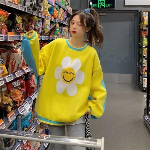 Autumn and winter fashion Korean version loose contrast color cartoon printing plus velvet thickening long sleeve top women