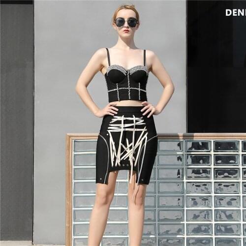 Women Two Piece Set Bandage 2021 New Arrival Bandage Set Suits Elegant Beading Top Crop Skirts Party Club Celebrity 2 Piece Sets