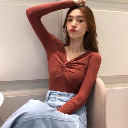 2021 Autumn Winter Knitted Tops Womens Sweaters Sexy Cross V Neck Knot Ruched Pullover Sweater Elegant Long Sleeve Tight Jumper