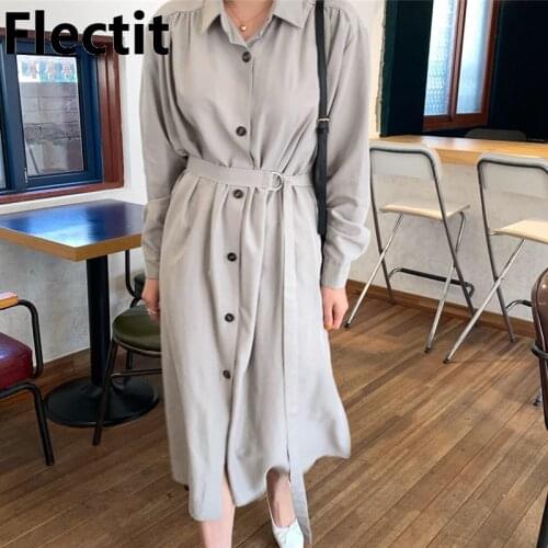 Flectit Button Down Shirt Dress With Belt Long Sleeve Midi ShirtDress Women Chic Summer Dress