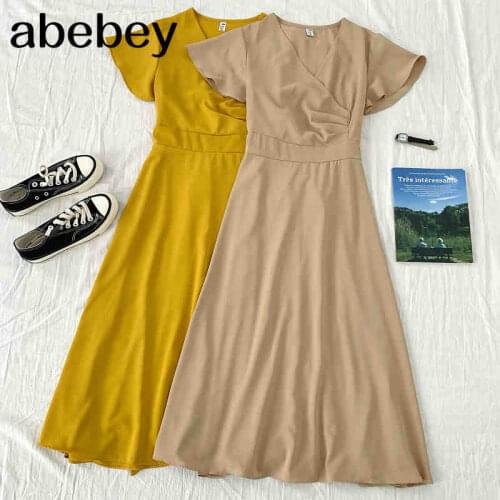 2021 New Summer Women Fashion All-match V-neck Ruffle Dress ruched slim bandage mid length Dress