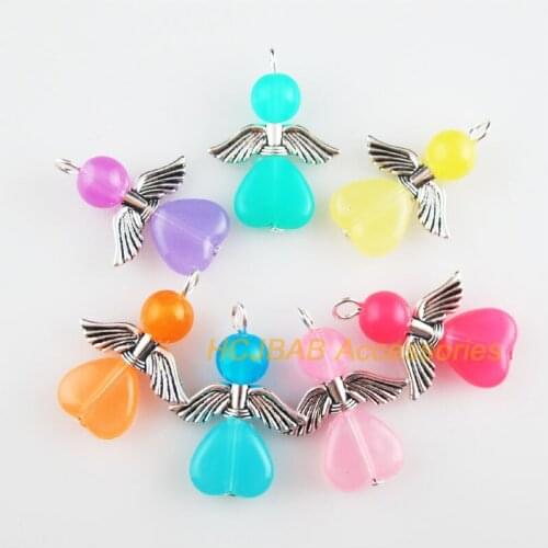 14 New Angel Charms Tibetan Silver Tone Mixed Jelly Acrylic Heart Pendants 20.5x29mm