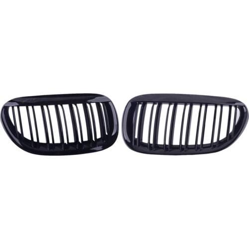 2Pcs/Set Car Gloss Black Dual Slats Front Kidney Grille Fit For BMW 6 Series E63 E64 M6 2-Door Models 2004 2005 2006 2007-2010