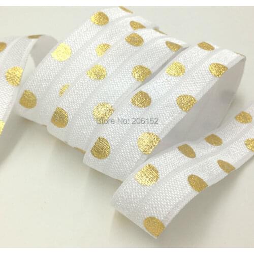 5/8" White Fold Over Elastic With Gold Foil Polka Dot High Quality Foldover Elastic Ribbon for Hair Accessories 100Y/Lot