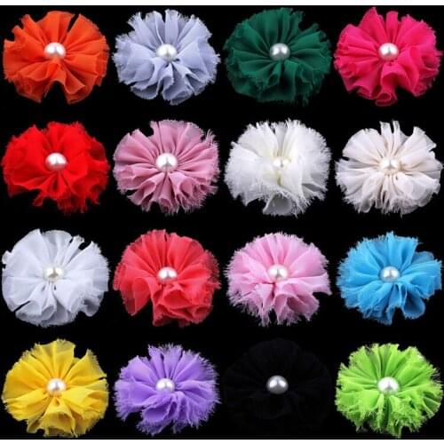 5pcs/lot 3" Soft Frayed Chiffon Pearl Headband Artificial Fabric Flowers Lace trim patch applique lace fabric Wedding