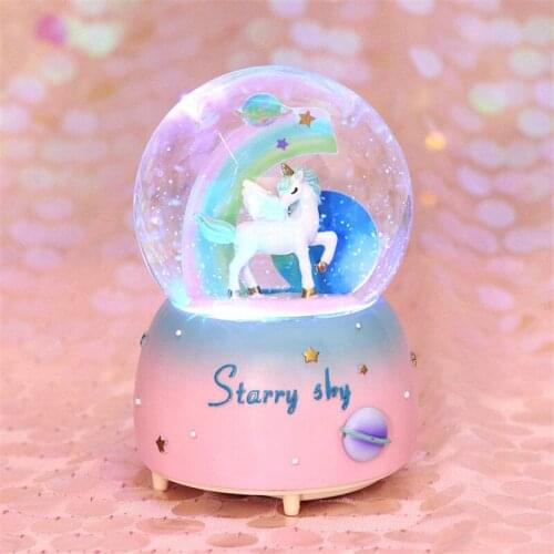 Unicorn Falling Snow Light Automatic Floating Snowflake Music Box Crystal Ball Music Box Birthday Gifts Night Light for Children