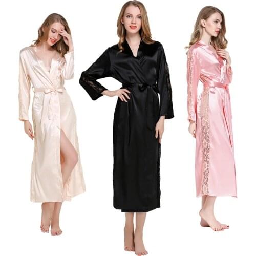 BESCSHERE Silk Satin Sleepwear Robes Womens Long Sleeve lace Pajamas Nightwear Femme Lounge Pyjama Black Champagne Bride Robe