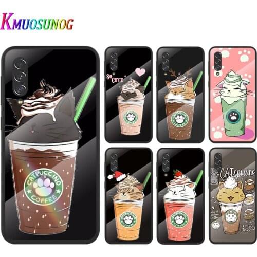 Cute Cat With Coffee For Samsung Note 20 10 9 8 Ultra Lite Plus 5G A70 A50 A40 A30 A20 A10 Tempered Glass Phone Case
