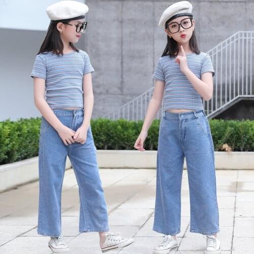 Children Clothing 2021 Summer Teens Girls Clothes Top+ Jeans Pants 2pcs Outfit Kids Suit For Girls Clothing Sets 6 8 10 12 Years