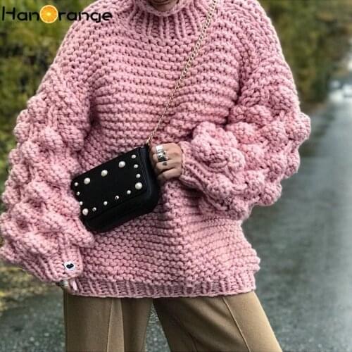 HanOrange Hand-woven Lantern Sleeve Sweater Pullover 2021 Autumn Winter European American Lazy Ball Sweater Female