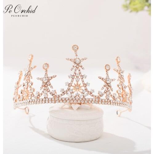 PEORCHID Crystal Gold Tiara Bridal Headpiece Accessori Capelli Sposa Hair Crown Bling Diamond Headbands For Women Head Jewelry