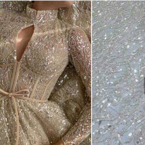 2019 130 cm luxury Latest sequins beads embroidery lace fabric Top grade wedding gown dress lace fabric off white 3D Lace