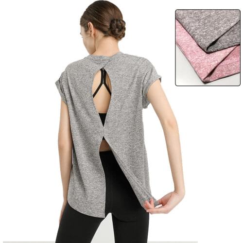 Summer Womens Shirt Quick-Drying Sports Shirts Backless Cross Back Breathable Gym Top Running Yoga Vest (No Bra)