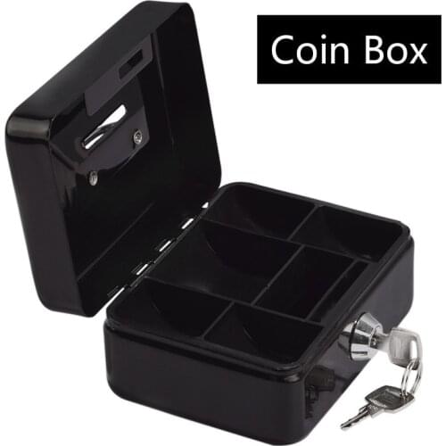 Mini Black Metal Stainless Steel Piggy Bank Safety Deposit Box For Money Coin Cash Tray With Secret Key Cash Drawer Carry Box