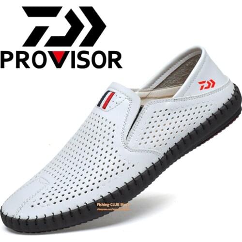 Hot sale Mens Summer 2021 DAIWA Leather loafers Slip-on soft casual shoes comfortable drive flats White breathable Fishing Shoe