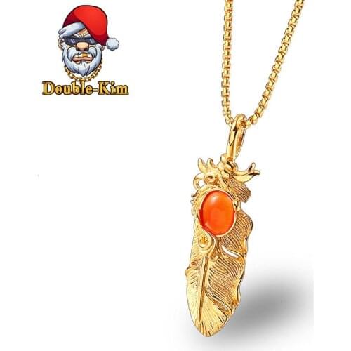 Red Garnet Feather Men Necklace Hiphop Rock Street Culture Titanium Stainless Steel Chain Necklace Fashion Man Jewelry Gift