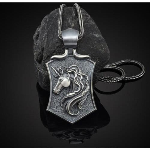 Unicorn Shield Mens Pendant Necklace Trendy Male Hip Hop Retro Sweater Chain Wild Long Mens Ring