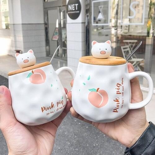 Cute Cartoon Mug Frosted Ceramic Cup with Wooden Lid Creative Gifts Suitable for Home Office Restaurant GQ