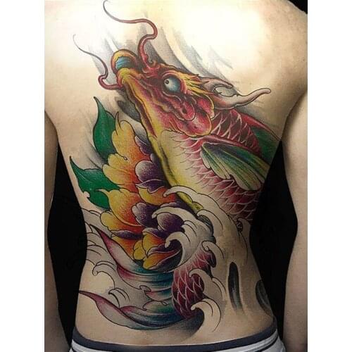 48*34cm Full back tattoo color lotus carp Waterproof Temporary Tattoo Sticker cool men large flash tattoo women Fish tattoo new