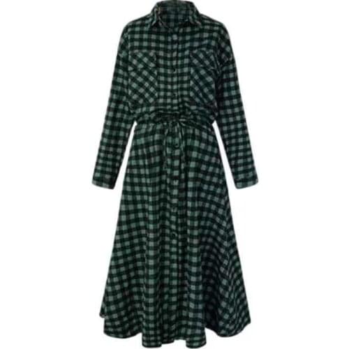 XL-5XL 2021Autumn Spring Plus Size Casual Women Dresses Fashion Turn-Down Collar Sashes Plaid Dress For Women Large one-piece