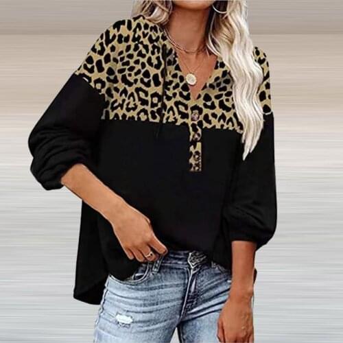 Autumn New Fashion Loose V-neck Womens Tops Casual Leopard Print Stitching Long Sleeve Blouse Office Elegant All-match Pullover