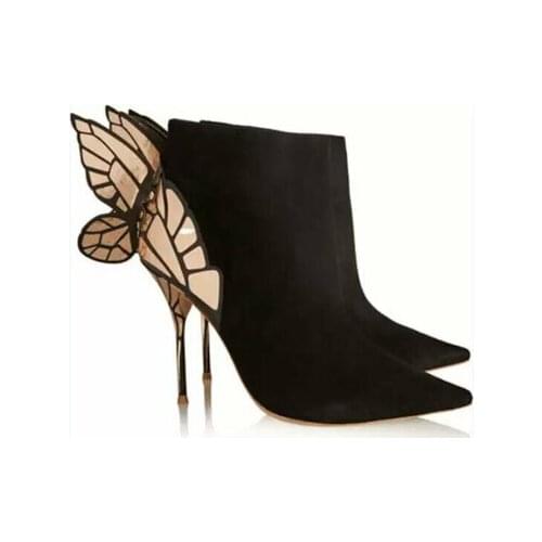 2021 Autumn New Woman Stiletto Metallic High Heel Butterfly Wings Boots Black Genuine Leather Short Ankle Booties Shoes Women