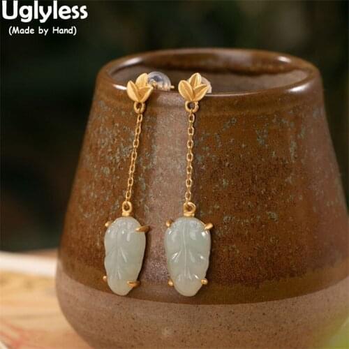 Uglyless Handmade Emerald Leaves Earrings for Women Luxury Natural Gemstones Brincos Gold 925 Silver Leaf Long Dress Earrings