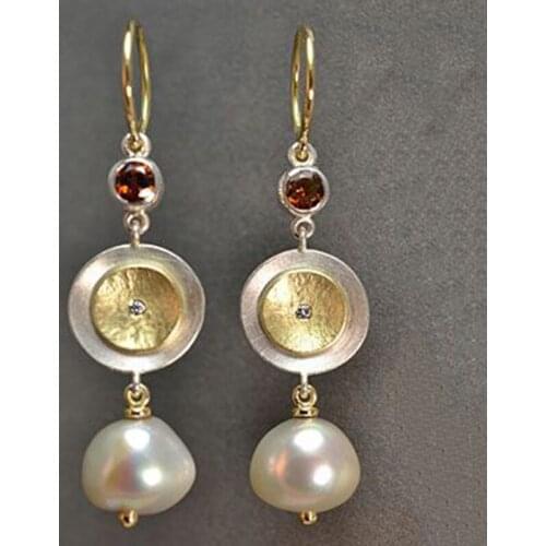 Vintage Gold Disc Purple Crystal Zircon Drop Earrings for Women Geometric Freshwater Pearl Dangle Earring Wedding Jewelry 2021