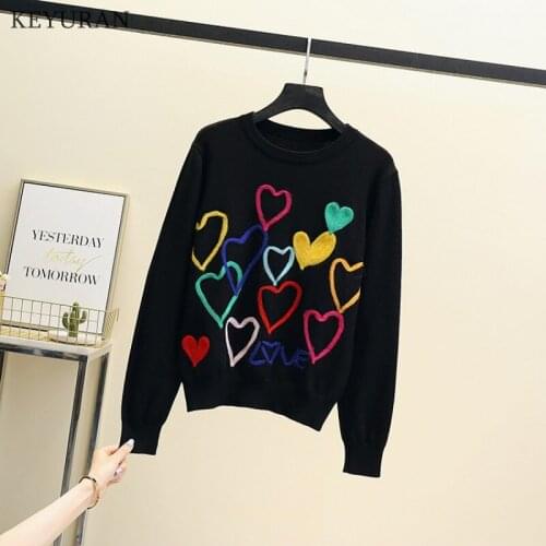 2021 Autumn Women Lovely Sweater O-Neck Colorful Candy Color Heart Embroidery Knitwear Slim All-Match Pullover Sweaters Femme