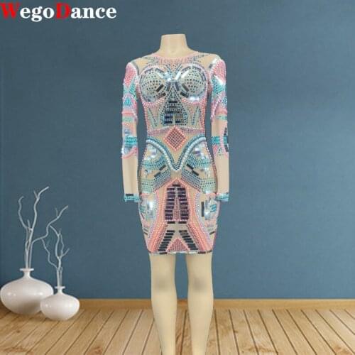 Women Dress Sparkly Rhinestones Transparent Mesh Long Sleeves Birthday Prom Singer Show Clothing