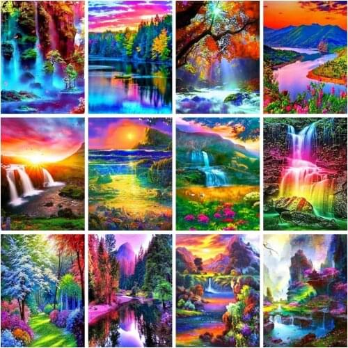 5D Diy Diamond Painting Waterfall Scenery Mosaic Sunset Mountain Landscape Embroidery Home Decor Diamond Art Wall Pictures