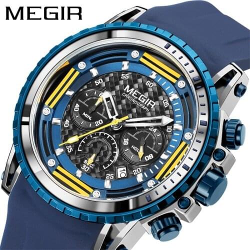 MEGIR Sport Watch Men Blue Silicone Strap Chronograph Quartz Man Watches Clock Luxury Brand Wristwatch Relogio Masculin 2143G