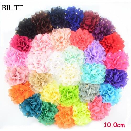 100pcs/lot 4'' Large Chiffon Gold Polka Dot Flower Fabric Floral Hairclip Headband Dress Decoration 32 Color H0251