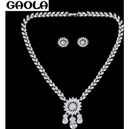 GAOLA High Quality Exaggerate Large Flower Shape CZ Necklace Beautiful Earrings Luxury Jewelry Set GLN0133