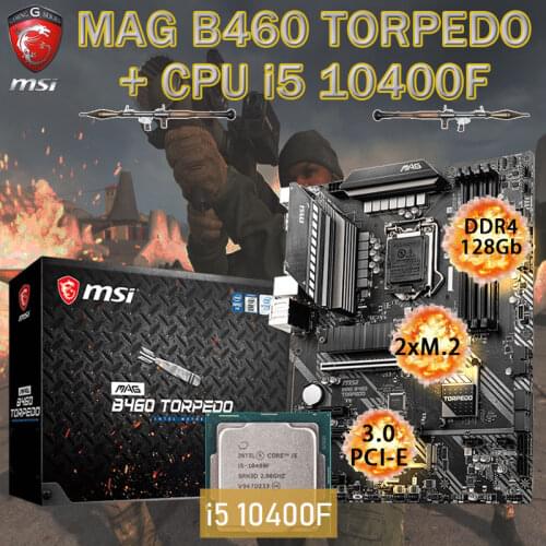 LGA 1200 MSI MAG B460 TORPEDO Motherboard+ Intel i5 10400F CPU Set DDR4 128GB M.2 PCI-E 3.0 Placa-mãe Combo Desktop Intel B460
