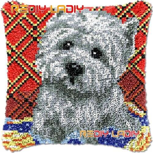 Latch Hook Cushion White Dog DIY Needlepoint Kits Chunky Acrylic Yarn Arts Crocheting Lofty Pillow Case Hobby & Crafts