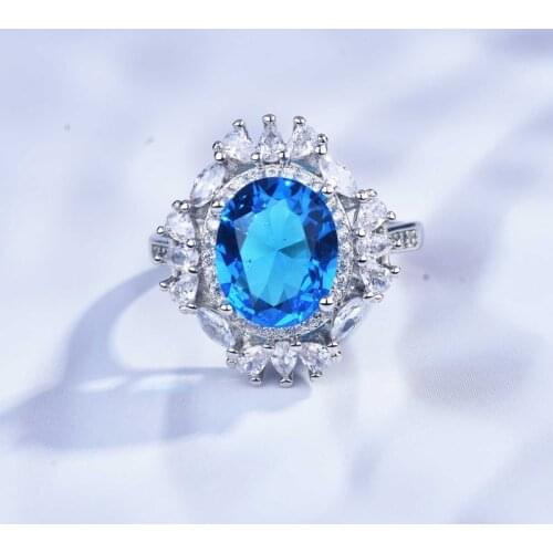 Charm Flower Rings Open Adjustable Exaggeration Luxury Jewelry Inlay Shiny Blue Crystal Zircon Eternity Wedding Ring For Women