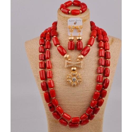 Orange White Red Nigeria Coral Jewelry Set African Wedding Beads Costume Necklace Bridal Jewelry Sets 3R-B-2