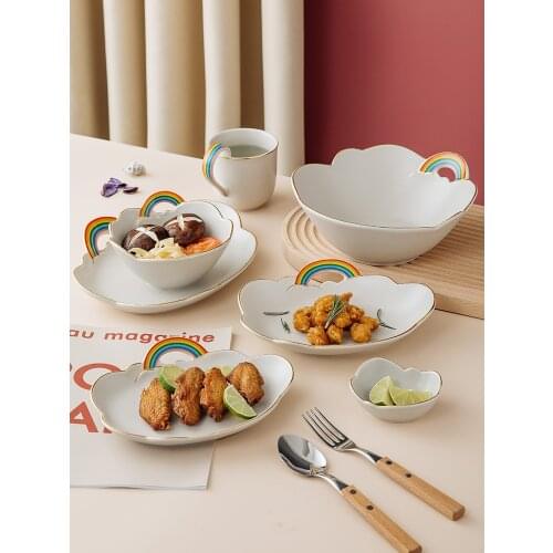Rainbow Creative Ceramic Dinner Plate Bowl Set Light Luxury Household Fruit Salad Rice Bowl Couples Mug Cup Exquisite Tableware