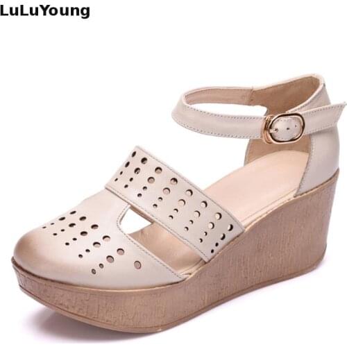 Genuine leather sandals women Summer high heels shoes elegant hollow womens shoes wedges sandals sy-2404