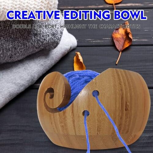 Rolling Proof Yarn Ball Bowl Crochet Needles Wooden Holder Housewife DIY Knitting Dual Holes Yarn Tracing Wood Bowl