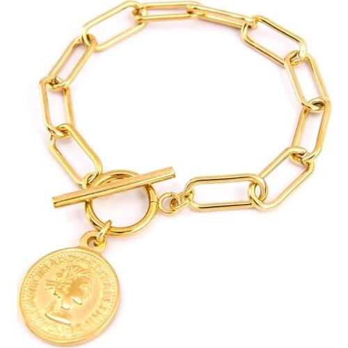 100% Stainless Steel Coin Toggle Bracelets For Women Gold/Silver Color Metal Coin Charm Chunky Chain Bracelets