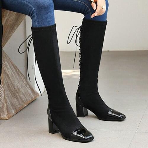 2021 Lady Spring Autumn Stitching Faux Suede Knee High Boots Fashion Cross Tied Square Toe Knight Boots Zipper Winter Shoes