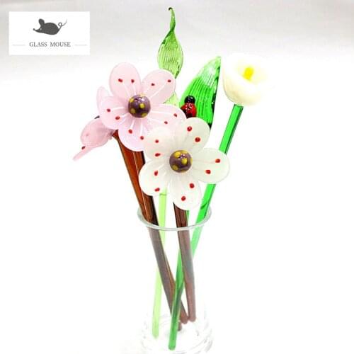 Handmade Colorful Murano Glass Flower Craft Ornament Wedding Valentines Day Favors Gift Table Decor Long Handle Cherry Blossoms