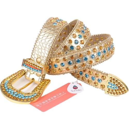 Women Leather Belt Cowgirl Y2k Waistband Male Cowboy Crystal Buckle Luxury Designer Strap Belts Western Rhinestone Studded Belt